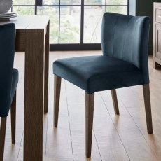 Turin Dark Oak Low Back Upholstered Chair - Dark Blue Velvet Fabric (Pair)