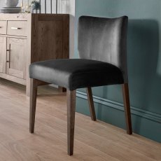 Turin Dark Oak Low Back Upholstered Chair - Gun Metal Velvet Fabric (Pair)