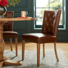 Westbury Rustic Oak Upholstered Chair - Tan Faux Leather (Pair)