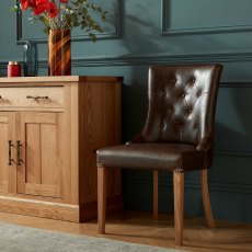 Rustic Oak Upholstered Scoop Chair - Espresso Faux Leather (Pair)