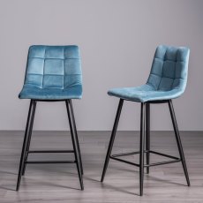 Mondrian - Petrol Blue Velvet Fabric Bar Stool with Black Legs (Pair)