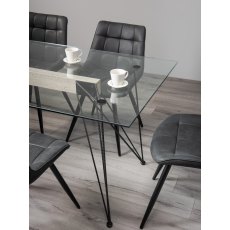 Miro Clear Glass 6 Seater Table & 6 Seurat Dark Grey Faux Suede Fabric Chairs
