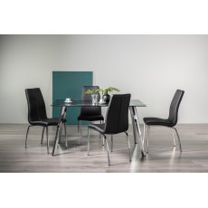 Emin Black Marble Effect Tempered Glass 6 Seater Table & 4 Benton Black Faux Leather Chairs with Shiny Nickel Legs