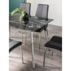 Emin Black Marble Effect Tempered Glass 6 Seater Table & 6 Benton Black Faux Leather Chairs with Shiny Nickel Legs
