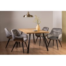 Ramsay Rustic Oak Effect Melamine 6 Seater Dining Table with 4 Legs  & 4 Dali Grey Velvet Fabric Chairs with Sand Black Powder Coated Legs