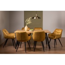 Ramsay Rustic Oak Effect Melamine 6 Seater Dining Table with 4 Legs  & 6 Dali Mustard Velvet Fabric Chairs with Sand Black Powder Coated Legs