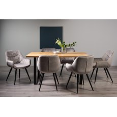 Ramsay Rustic Oak Effect Melamine 6 Seater Dining Table with U Leg  & 6 Dali Grey Velvet Fabric Chairs with Sand Black Powder Coated Legs