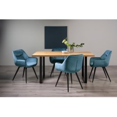 Ramsay Rustic Oak Effect Melamine 6 Seater Dining Table with U Leg  & 4 Dali Petrol Blue Velvet Fabric Chairs with Sand Black Powder Coated Legs