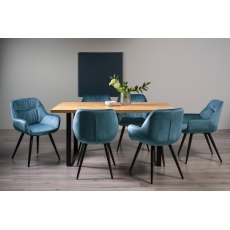 Ramsay Oak Melamine 6 Seater Table - U Leg & 6 Dali Petrol Blue Velvet Chairs