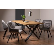 Ramsay Rustic Oak Effect Melamine 6 Seater Dining Table with X Leg  & 4 Dali Grey Velvet Fabric Chairs with Sand Black Powder Coated Legs