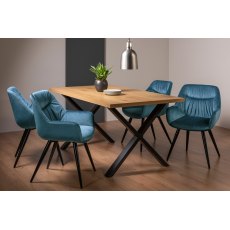 Ramsay Rustic Oak Effect Melamine 6 Seater Dining Table with X Leg  & 4 Dali Petrol Blue Velvet Fabric Chairs with Sand Black Powder Coated Legs