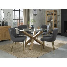 Turin Clear Tempered Glass 4 Seater Dining Table with Light Oak Legs & 4 Cezanne Dark Grey Faux Leather Chairs with Matt Gold Plated Legs
