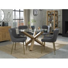 Turin Glass 4 Seater Table - Light Oak Legs & 4 Cezanne Dark Grey Faux Leather Chairs - Gold Legs