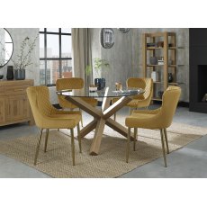 Turin Clear Tempered Glass 4 Seater Dining Table with Light Oak Legs & 4 Cezanne Mustard Velvet Fabric Chairs with Matt Gold Plated Legs