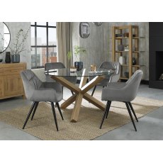 Turin Clear Tempered Glass 4 Seater Dining Table with Light Oak Legs & 4 Dali Grey Velvet Fabric Chairs with Sand Black Powder Coated Legs