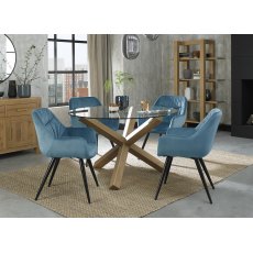 Turin Clear Tempered Glass 4 Seater Dining Table with Light Oak Legs & 4 Dali Petrol Blue Velvet Fabric Chairs with Sand Black Powder Coated Legs