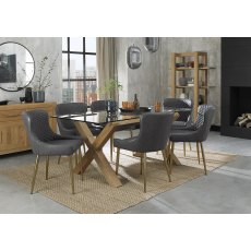 Turin Clear Tempered Glass 6 Seater Dining Table with Light Oak Legs & 6 Cezanne Dark Grey Faux Leather Chairs with Matt Gold Plated Legs