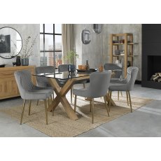 Turin Clear Tempered Glass 6 Seater Dining Table with Light Oak Legs & 6 Cezanne Grey Velvet Fabric Chairs with Matt Gold Plated Legs