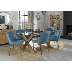 Turin Glass 6 Seater Table - Light Oak Legs & 6 Cezanne Petrol Blue Velvet Chairs - Gold Legs