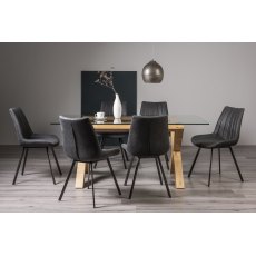 Turin Glass 6 Seater Table - Light Oak Legs & 6 Fontana Dark Grey Suede Fabric Chairs