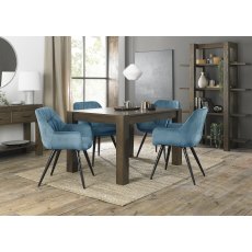 Turin Dark Oak 4-6 Seater Table & 4 Dali Petrol Blue Velvet Chairs