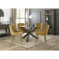 Turin Glass 4 Seater Table - Dark Oak Legs & 4 Cezanne Mustard Velvet Chairs - Gold Legs