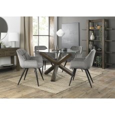 Turin Clear Tempered Glass 4 Seater Dining Table with Dark Oak Legs & 4 Dali Grey Velvet Fabric Chairs with Sand Black Powder Coated Legs