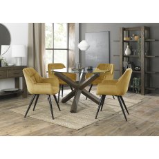 Turin Clear Tempered Glass 4 Seater Dining Table with Dark Oak Legs & 4 Dali Mustard Velvet Fabric Chairs with Sand Black Powder Coated Legs