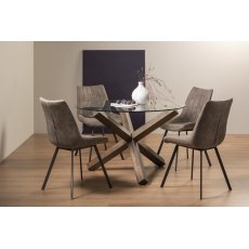 Turin Clear Tempered Glass 4 Seater Dining Table with Dark Oak Legs & 4 Fontana Tan Faux Suede Fabric Chairs with Grey Hand Brushing on Black Powder Coated Legs