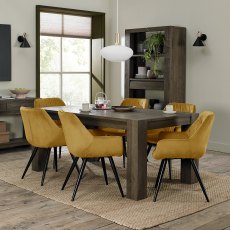 Logan Fumed Oak 6 Seater Dining Table & 6 Dali Mustard Velvet Chairs with Sand Black Powder Coated Legs