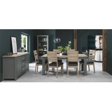 Oakham Dark Grey & Scandi 6-8 Seater Dining Table & 6 Oakham Scandi Oak Chairs in Dark Grey Bonded Leather