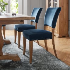 Rustic Oak Uph Chair -  Dark Blue Velvet Fabric  (Pair) - Ex Display Item - Grade A1 - Ref #0073