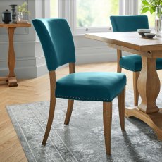 Rustic Oak Uph Chairs -  Sea Green Velvet Fabric (4 CHAIRS) - Grade A3 - Ref #0625
