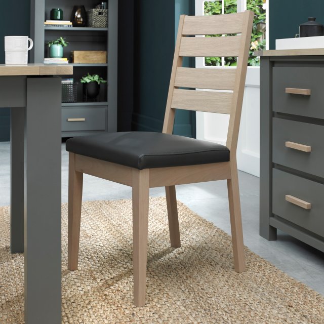 Bentley Designs Oakham Scandi Oak Chair - Dark Grey Bonded Leather (Pair)
