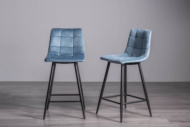 Gallery Collection Mondrian - Petrol Blue Velvet Fabric Bar Stool with Black Legs (Pair)