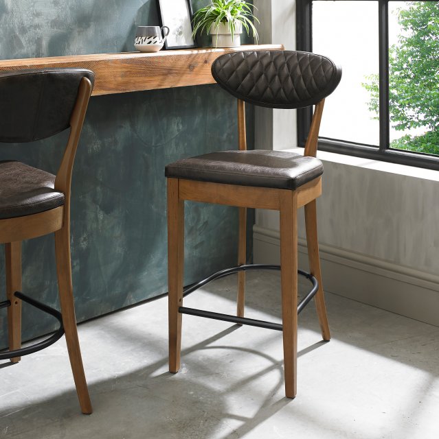 Bentley Designs Ellipse Rustic Oak Upholstered Bar Stool- Old West Vintage Fabric- Feature