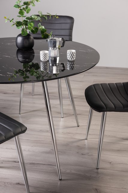 Gallery Collection Christo Black Marble Effect Tempered Glass 4 Seater Dining Table with Shiny Nickel Legs Dining Tables Bentley Designs Outlet