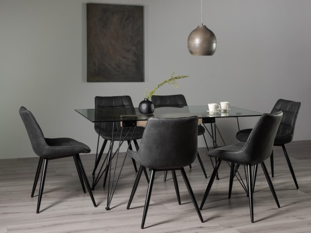 Gallery Collection Miro Clear Glass 6 Seater Table & 6 Seurat Dark Grey Faux Suede Fabric Chairs