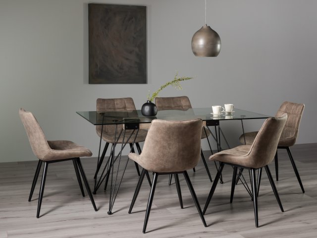 Gallery Collection Miro Clear Glass 6 Seater Table & 6 Seurat Tan Faux Suede Fabric Chairs