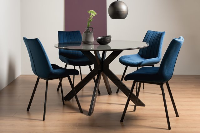 Gallery Collection Hirst Grey Painted Glass 4 Seater Table & 4 Fontana Blue Velvet Chairs
