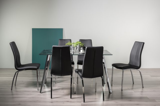 Gallery Collection Emin Black Marble Glass 6 Seater Table & 6 Benton Black Faux Leather Chairs