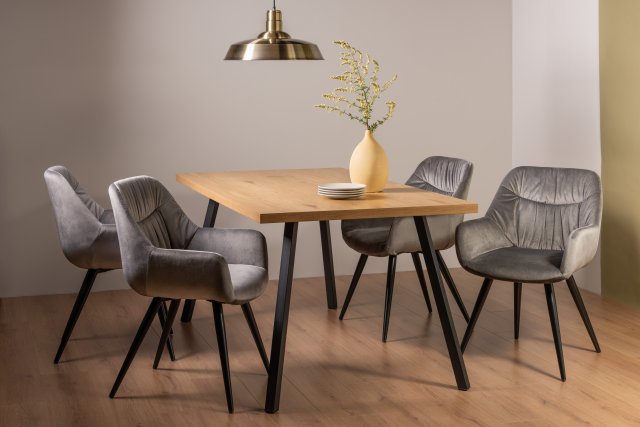 Gallery Collection Ramsay Oak Melamine 6 Seater Table - 4 Legs & 4 Dali Grey Velvet Chairs