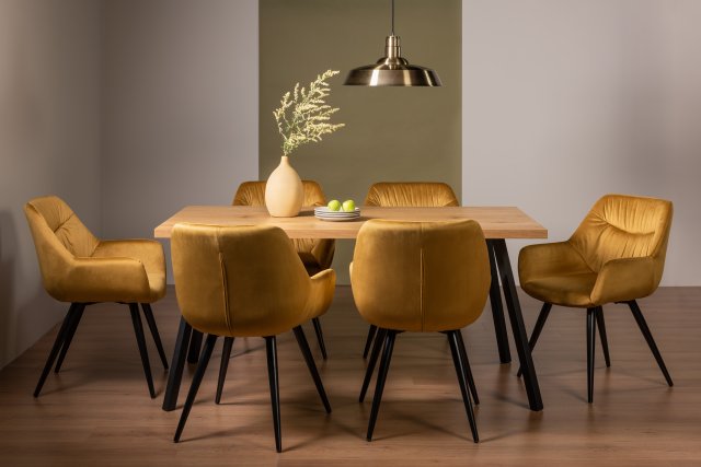 Gallery Collection Ramsay Oak Melamine 6 Seater Table - 4 Legs & 6 Dali Mustard Velvet Chairs