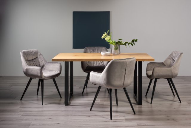 Gallery Collection Ramsay Oak Melamine 6 Seater Table - U Leg & 4 Dali Grey Velvet Chairs