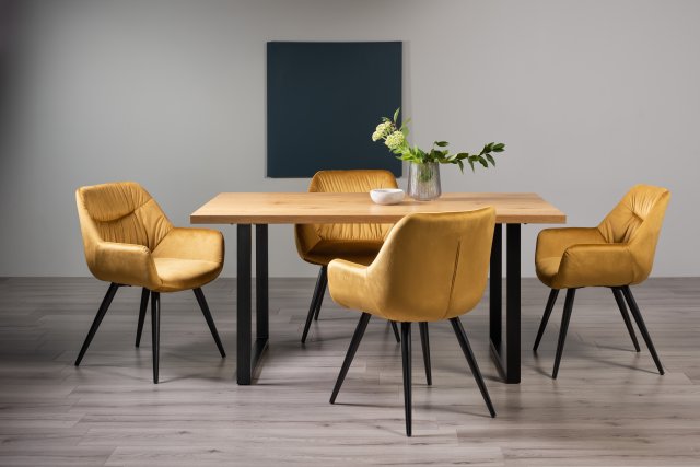 Gallery Collection Ramsay Oak Melamine 6 Seater Table - U Leg & 4 Dali Mustard Velvet Chairs