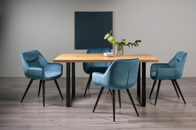 Gallery Collection Ramsay Oak Melamine 6 Seater Table - U Leg & 4 Dali Petrol Blue Velvet Chairs