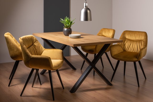 Gallery Collection Ramsay Oak Melamine 6 Seater Table - X Leg & 4 Dali Mustard Velvet Chairs