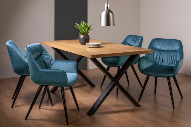 Gallery Collection Ramsay Oak Melamine 6 Seater Table - X Leg & 4 Dali Petrol Blue Velvet Chairs