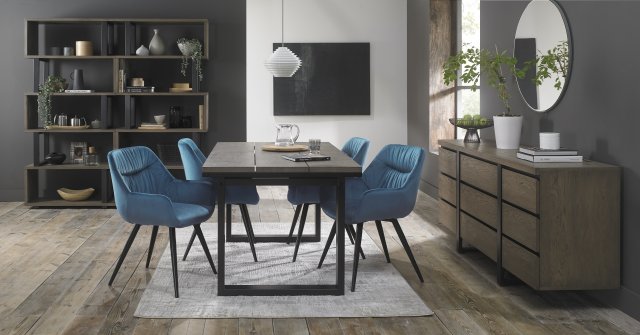 Signature Collection Tivoli Weathered Oak 4-6 Seater Table & 4 Dali Petrol Blue Velvet Chairs