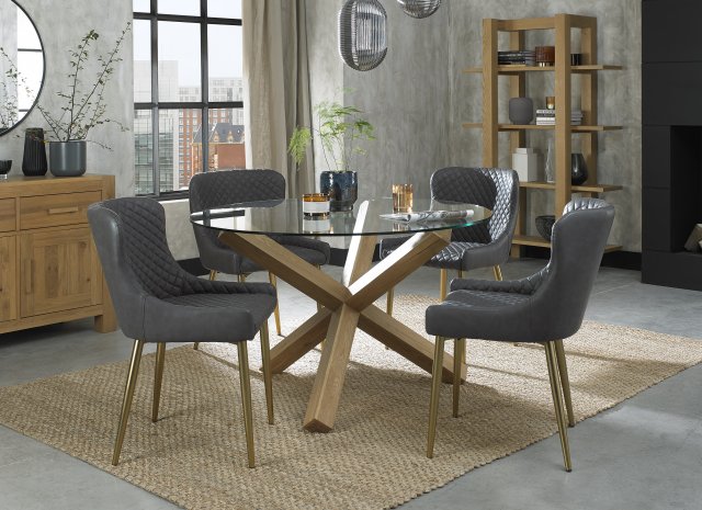 Premier Collection Turin Glass 4 Seater Table - Light Oak Legs & 4 Cezanne Dark Grey Faux Leather Chairs - Gold Legs
